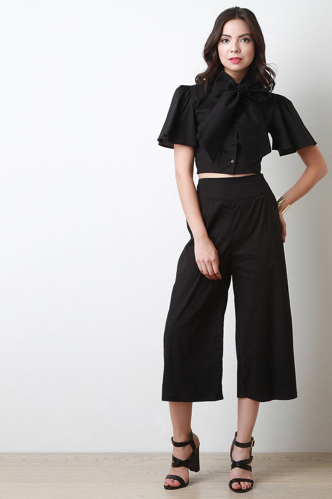 Cropped Bow Collar Flare Sleeve Top