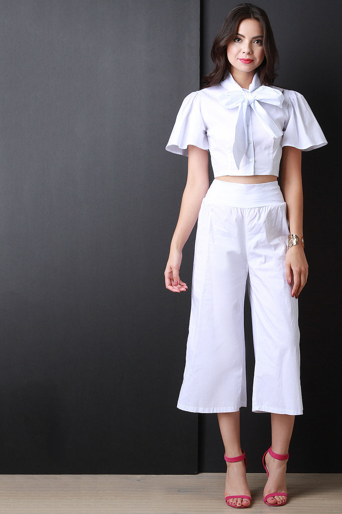 Cropped Bow Collar Flare Sleeve Top