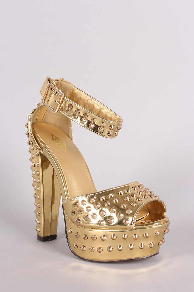 Studded Spike Peep Toe Ankle Strap Chunky Platform Heel