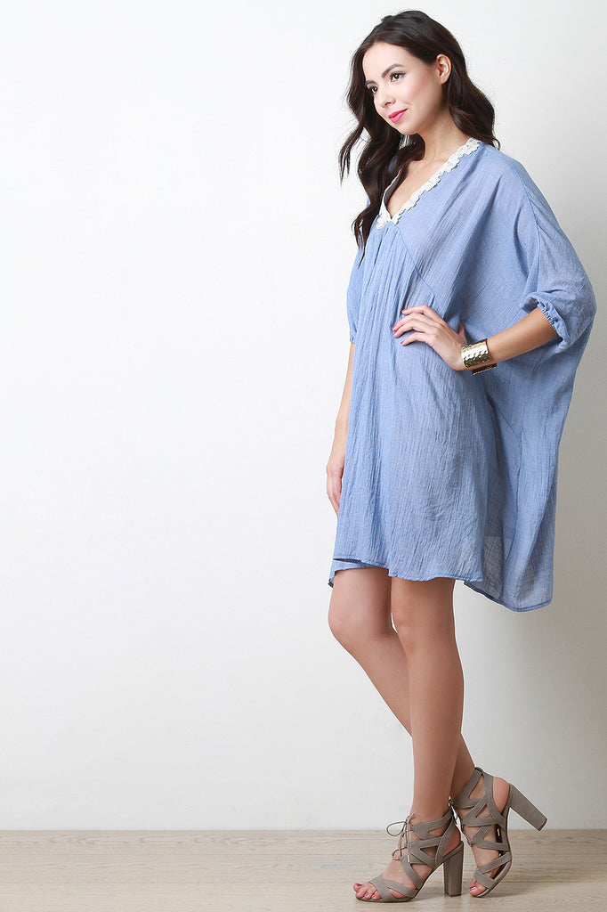 Lace Trim Collar Over-Sized Raglan Sleeve Shift Dress