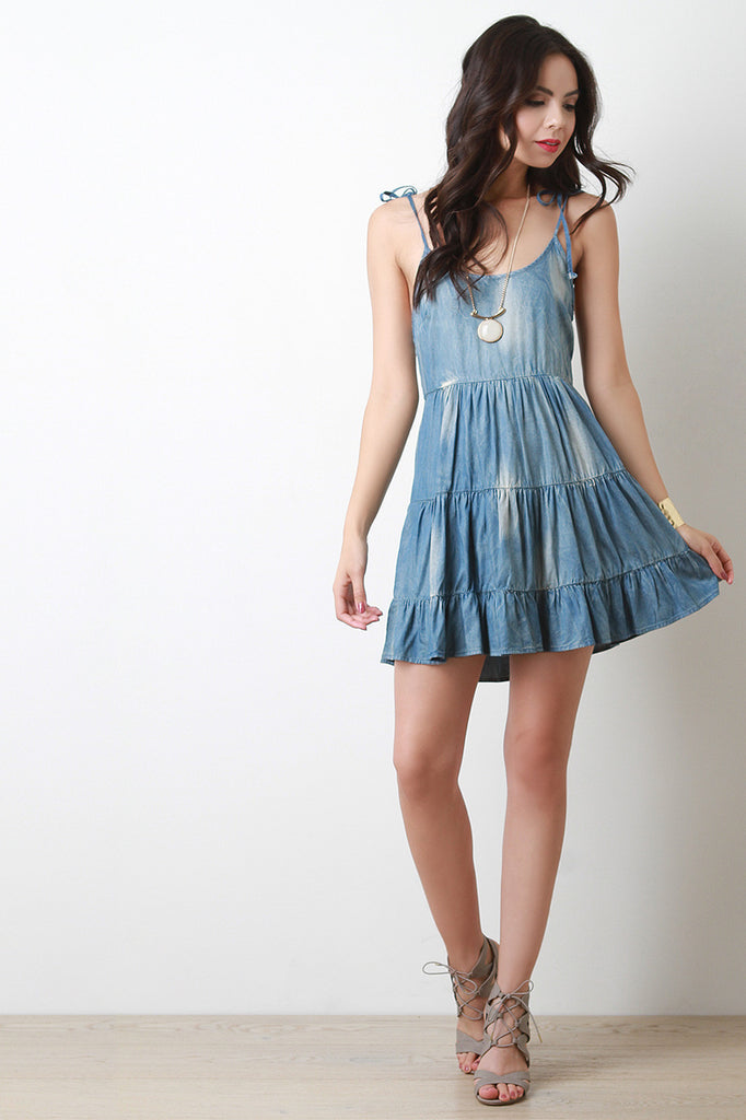 Acid Wash Chambray Tie Strap Dress