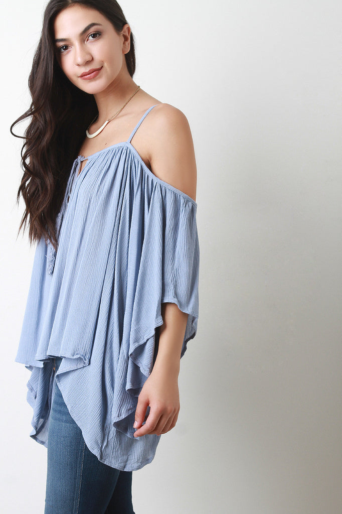 Crinkled Tassel Open Shoulder Top