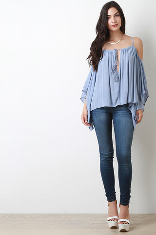Crinkled Tassel Open Shoulder Top