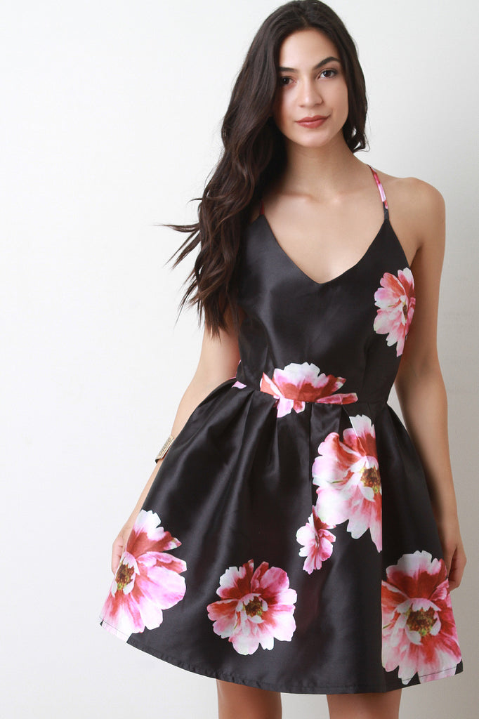 Taffeta Floral Pleated Skater Dress