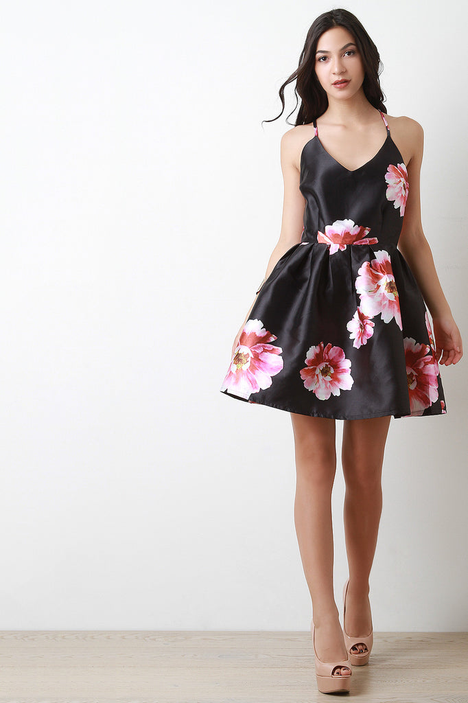 Taffeta Floral Pleated Skater Dress