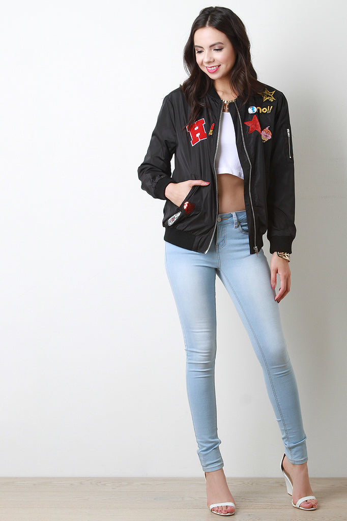 Assorted Patches Zip Up Bomber Jacket