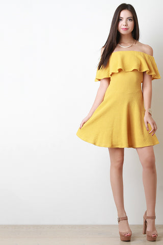 Ruffle Off The Shoulder Themal Knit Mini Dress
